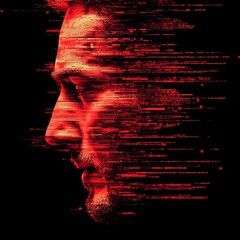 A male face disintegrating in red and black pixelated form
