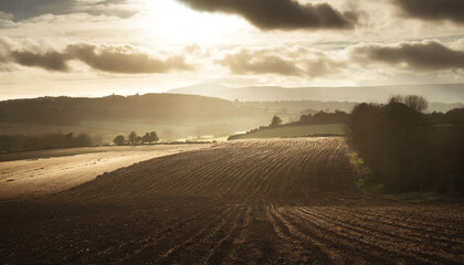 Landscape of a plowed field ready for planting. Cultivations on the hills. Bio agriculture concept.