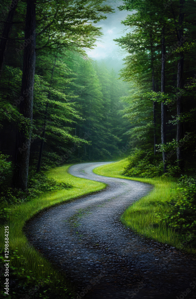 Aufkleber a winding gravel path meanders through a tranquil forest, embraced by lush greenery and soft, ethere