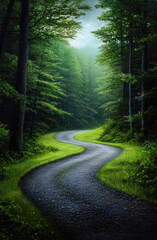 Obraz premium A winding gravel path meanders through a tranquil forest, embraced by lush greenery and soft, ethereal light filtering through the trees, inviting exploration and reflection.
