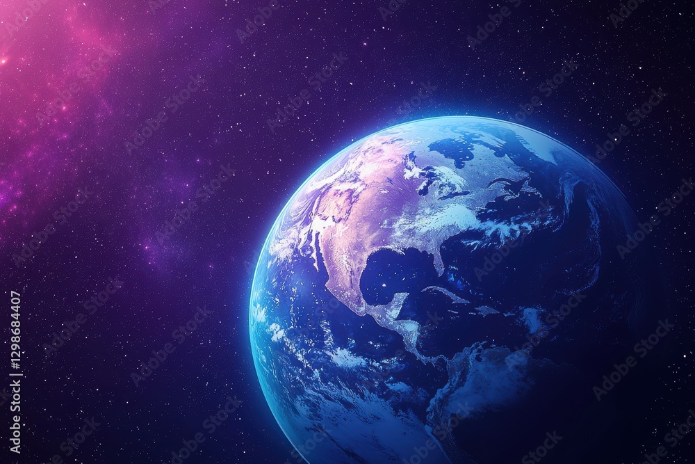 Poster earth planet rotating in the vivid space with glowing stars and nebulae
