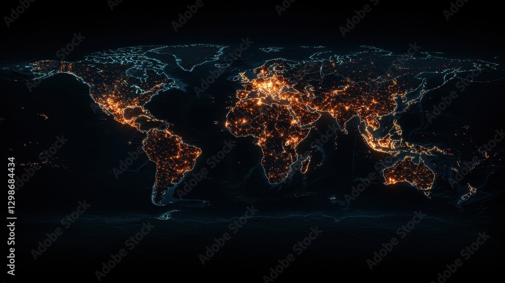 Poster world trade network visualization with bright connecting lines linking continents on a dark digital 