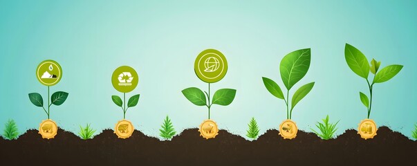 Growing plants with environmental icons on coins are displayed