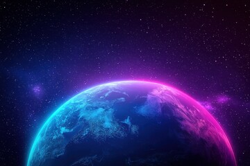 Earth planet glowing in a neon space background with stars