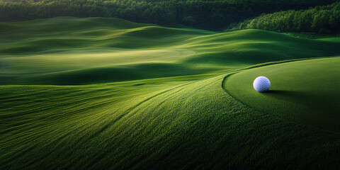 A tranquil landscape featuring gentle rolling hills of lush green grass with a solitary golf ball resting on the course, inviting players to experience the beauty of nature.