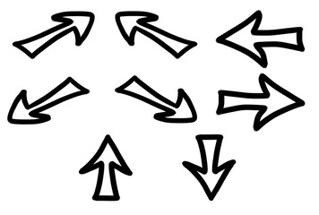 Set of arrows with white filling - hand drawn, transparent png collection