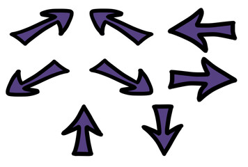Set of arrows with purple filling - hand drawn, transparent png collection