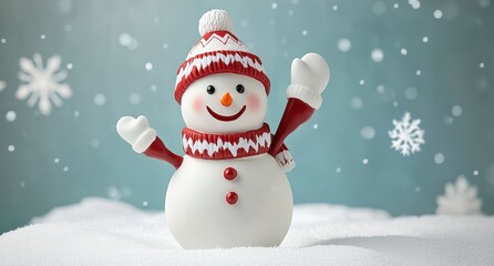Fototapeta premium Cheerful snowman wearing a red knitted hat and scarf stands in the snow, surrounded by falling snowflakes, evoking winter joy and festive spirit.