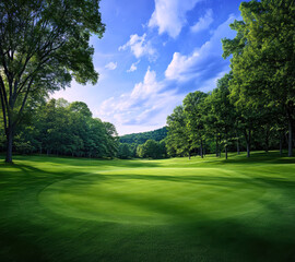 Obraz premium A tranquil golf course landscape surrounded by lush trees and under a clear blue sky, perfect for relaxation and enjoying nature's beauty.