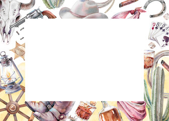 Hand drawn watercolor cowboy accessories card template for wild west, western party, saloon designs