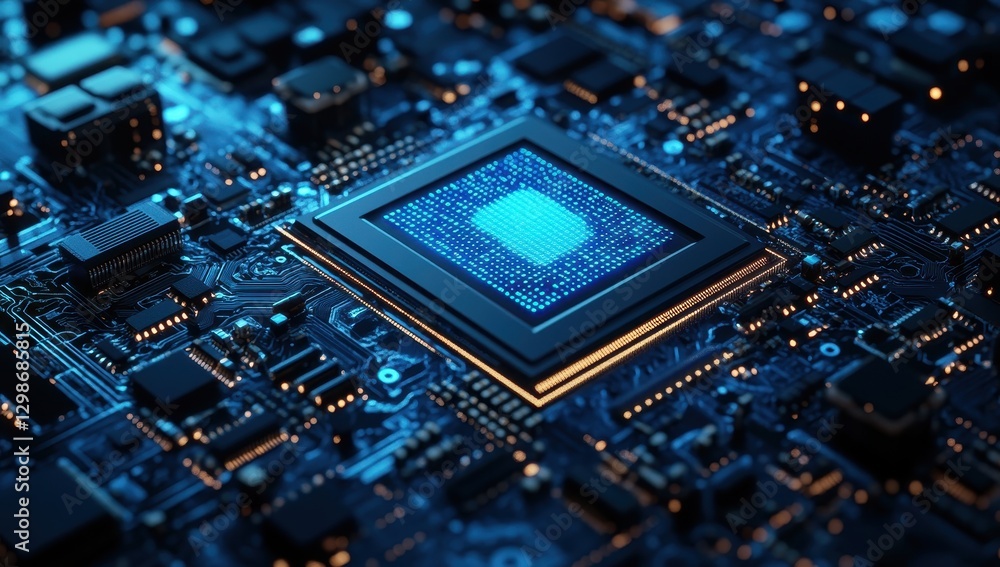 Poster close-up of a high-tech microprocessor on a circuit board in a futuristic blue glow with intricate e