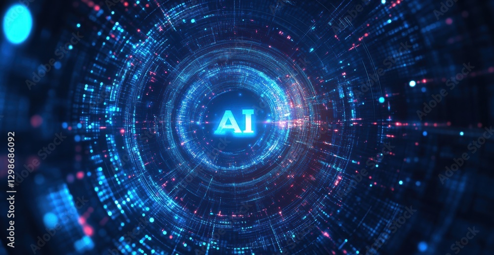 Poster Artificial intelligence symbol glowing in abstract futuristic circle of data and light