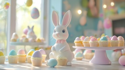 Easter Window Display with Adorable Bunny and Pastel Eggs, Colorful Cupcakes on Easter Themed Bakery or Cafe Stall