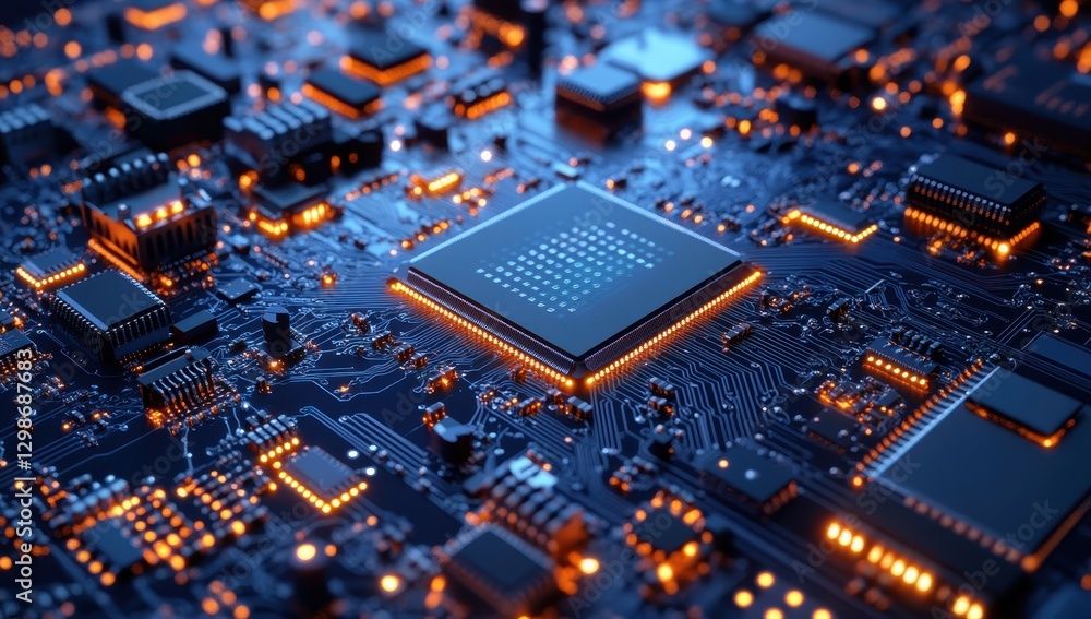 Poster close-up view of a high-tech circuit board with brightly lit components and intricate patterns empha