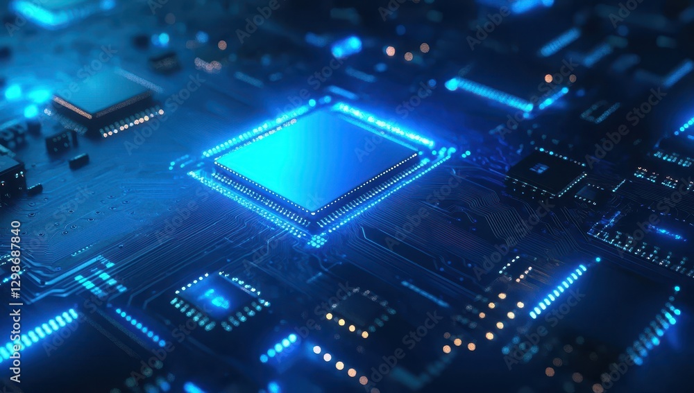Poster close-up view of a high-tech microchip on a circuit board with blue led lights illuminating the surr