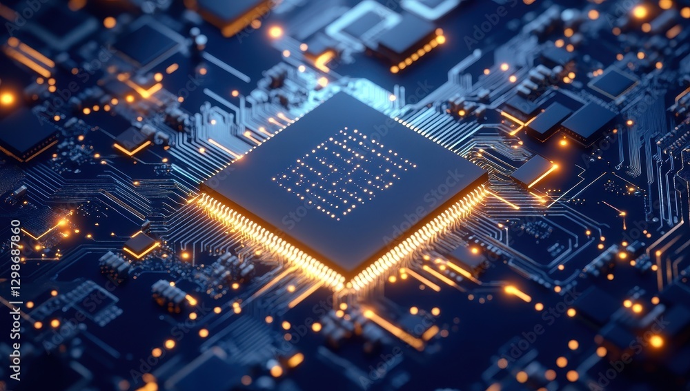 Poster close-up view of a high-tech microchip surrounded by a complex circuit board with glowing connection