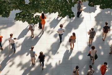 People walking under trees in a bustling urban plaza during daytime