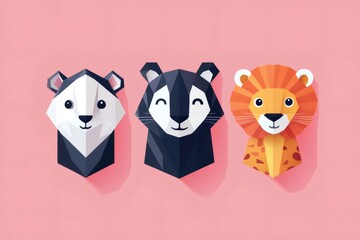 Fototapeta premium Low poly animals faces smiling on pink background