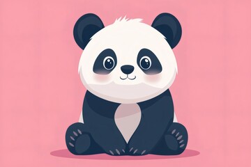 Obraz premium Adorable baby panda sitting and smiling on pink background