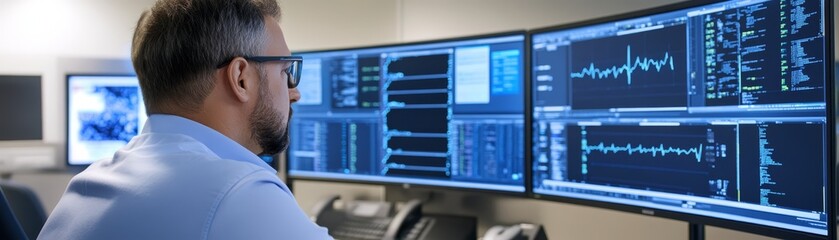 Boosting productivity man navigating multiple computer screens in the digital age