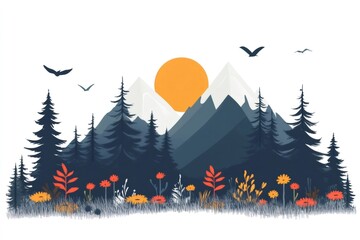 Sun rising over majestic mountains and lush forest with birds soaring in the sky