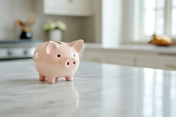 Ceramic piggy bank on a kitchen countertop with sunlight shining through the window