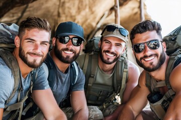 Fototapeta premium Group of smiling soldiers resting during military operation