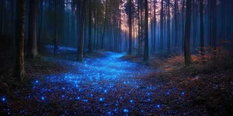 Magical blue lights illuminate a forest path during twilight as evening approaches