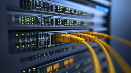 Highspeed data transfer yellow ethernet cable connected to server for reliable network connectivity