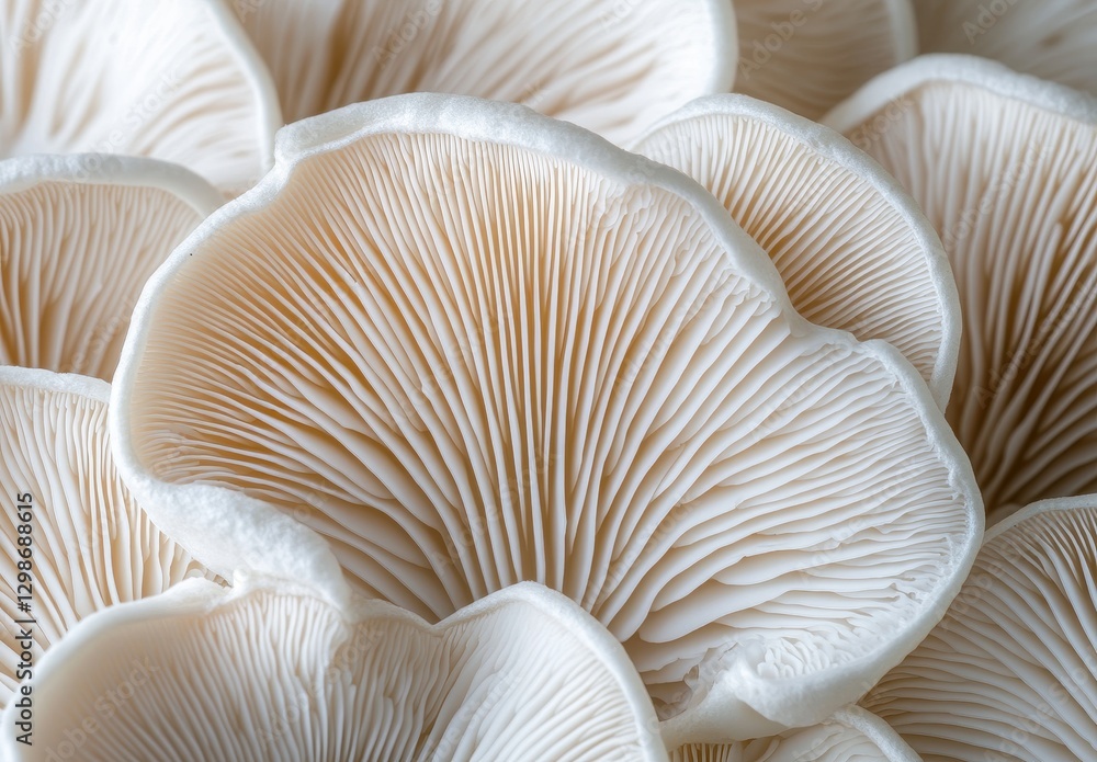 Poster close-up view of delicate white mushroom caps showcasing their intricate texture and natural pattern