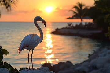 A beautiful flamingo poses near calm water during sunset over ocean