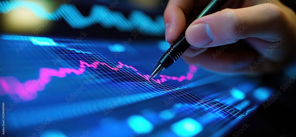 Poster businessman analyzing growth graph and rising line chart on virtual screen