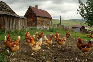 Chickens are bustling around a rustic farmhouse yard filled with greenery and a cloudy sky. The natural setting showcases rural life as the animals explore their surroundings