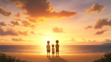 Fototapeta premium Breathtaking sunset spectacle people embrace the golden hour on tranquil beach