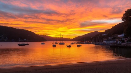Serene sunset on the beach boats at rest in golden hour light for travel and relaxation inspiration