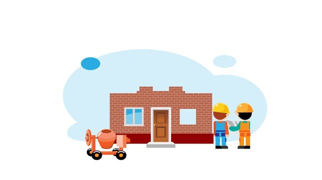 Engineer and worker watching the construction of a cottage. Flat animation.