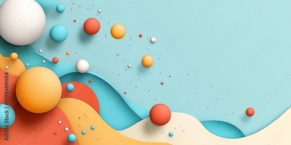 Poster colorful balls and layered shapes create a playful design