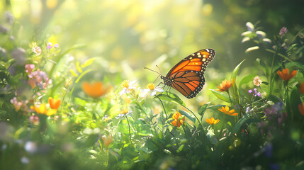 of a butterfly resting on a wildflower in a lush meadow, with various blooms and greenery filling the background 