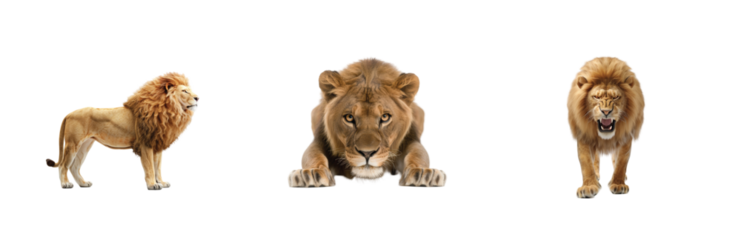 Majestic lions depicted in three dynamic poses show power and grace in stunning detail