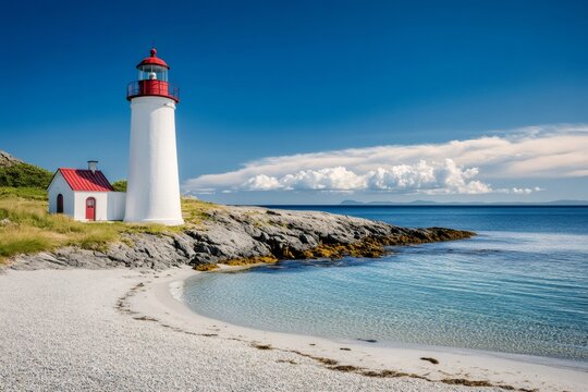 White lighthouse standing on rocky coastline on sunny day