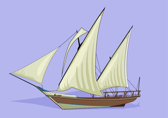 Traditional Qatari Wooden Dhow Boat with Large Sail Arabian Sailing Vessel Vector