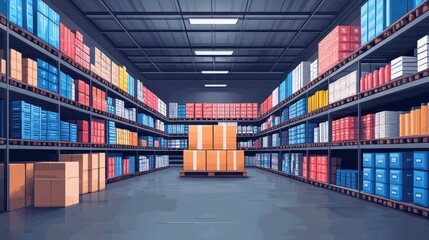 Fototapeta premium Extensive and Neatly Organized Warehouse Interior Featuring Stacked Shelves, Color-Coded Boxes, and Central Pallet Conveying Storage Facility Efficiency