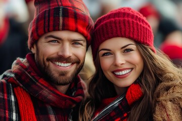 Happy couple smiling and wearing matching red winter clothes