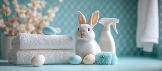 Cleaning. Cute Easter bunny surrounded by towels, cleaning supplies and colorful Easter eggs in a serene bathroom setting. Easter greetings from cleaning company. Happy Easter. With copy space