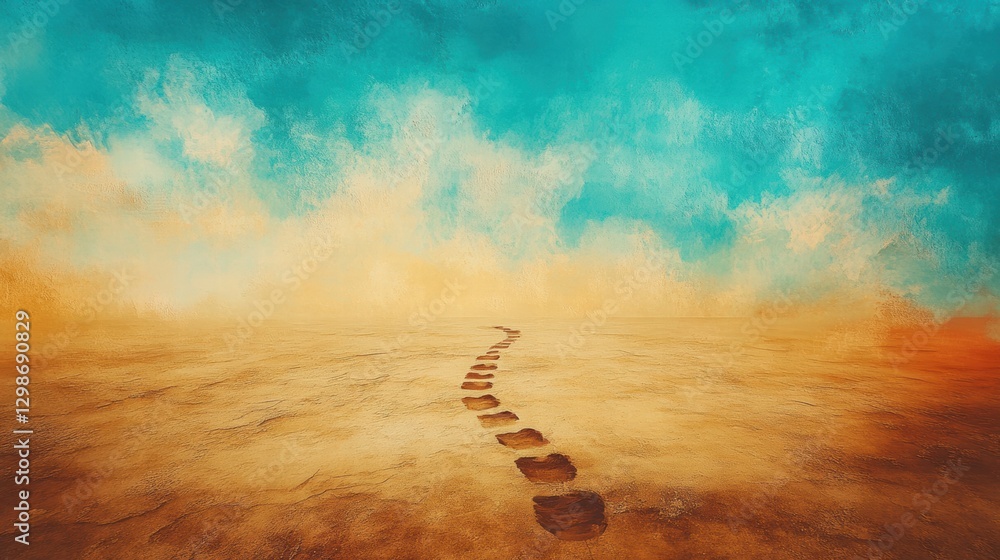 Poster footprints traverse a vast desert landscape under a colorful sky at sunset captured in an artistic r