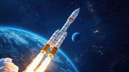 Obraz premium Rocket launching into space earth orbit digital art cosmic environment aerial view scientific exploration