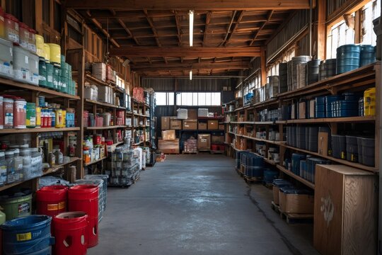 Warehouse interior showing wooden shelves filled with paint cans and cardboard boxes