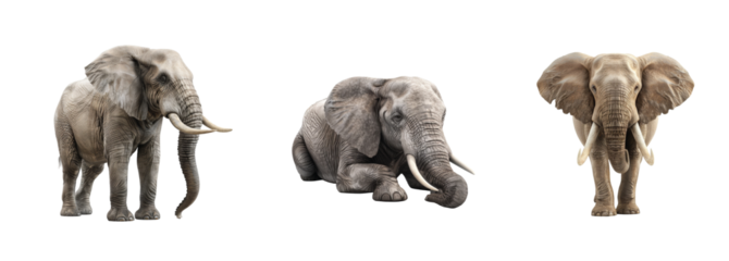 Three gentle elephants in different poses display strength and grace with majestic presence