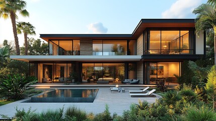 Fototapeta premium Modern home with sleek lines, a pool, lush greenery, and expansive windows seamlessly blending indoor and outdoor living.