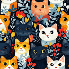 Cute Seamless Pattern of Cute Cartoon Cat